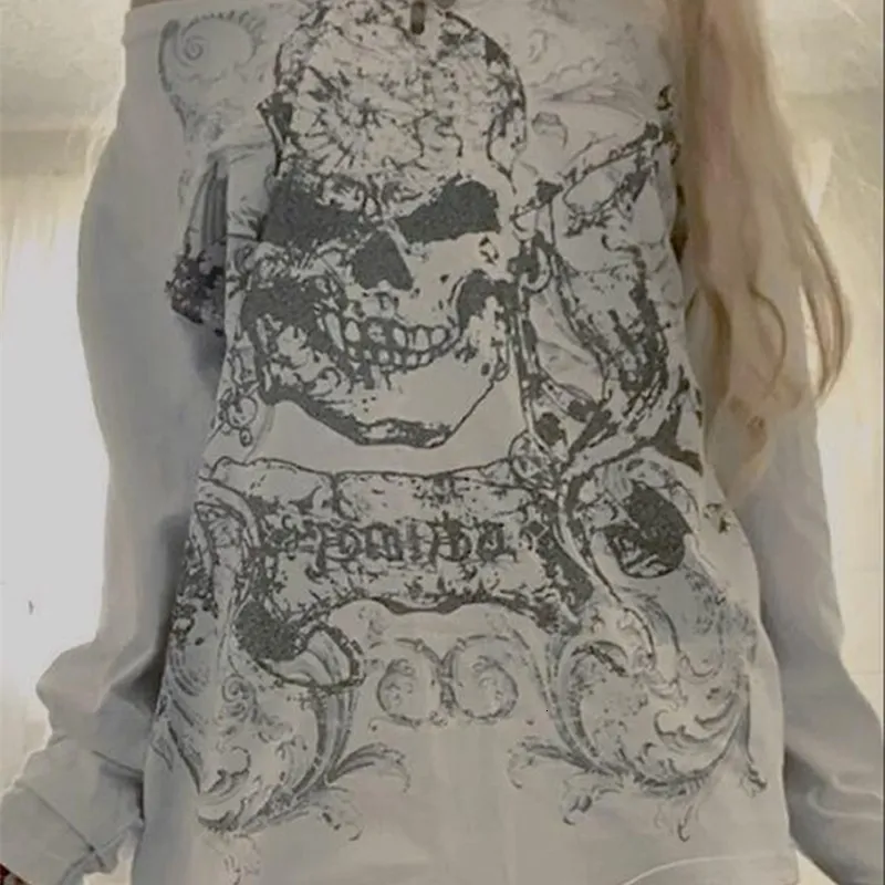 Womens Y2K Grunge Skull Print Long Sleeve Top Casual Streetwear