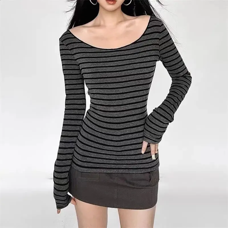 Y2k Grunge Emo 00S Vintage Black Grey Striped Off Shoulder Long