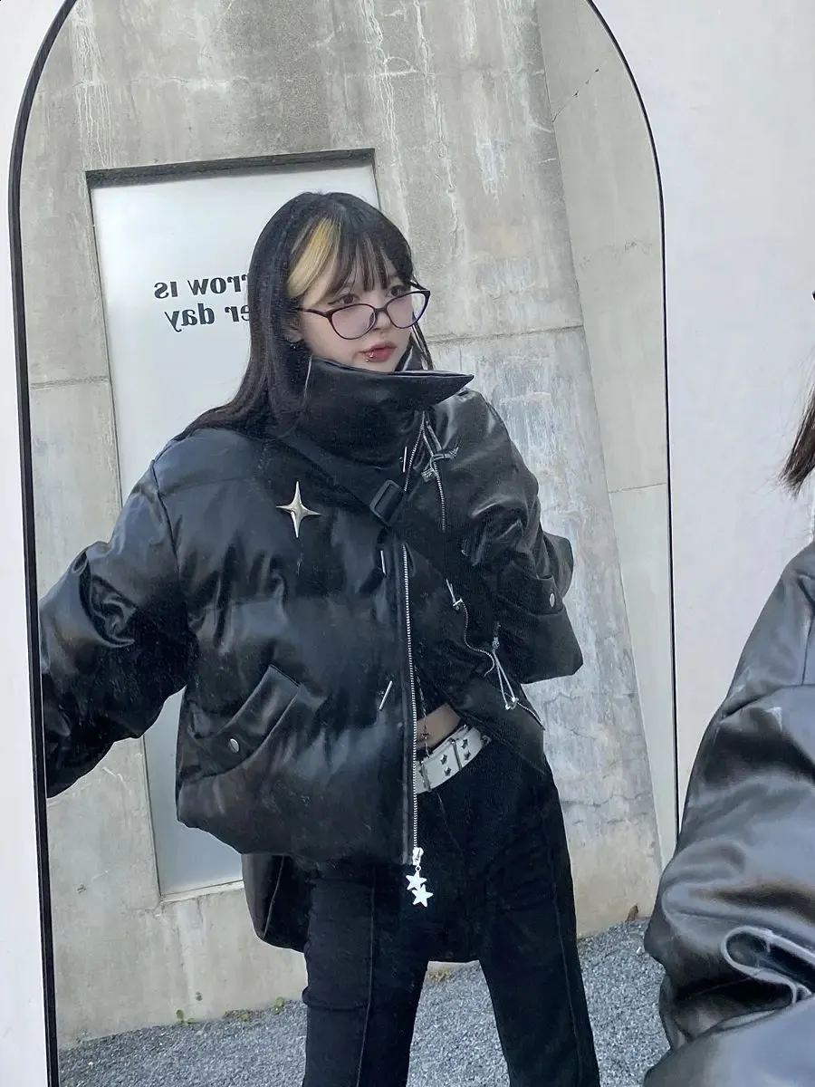 Gothic Y2K Cropped Faux Leather Puffer Jacket Womens Zip Up Stand