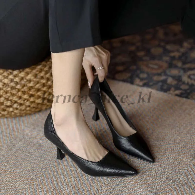 Women's Black Pointed Toe High Heels Soft Leather, Comfortable Thin Heel,  Single Shoes