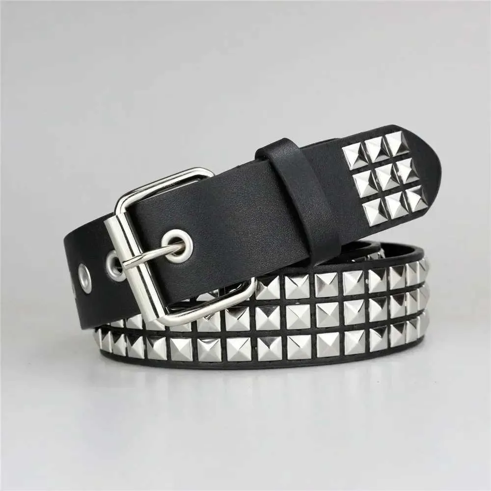 Black Leather Punk Belt with Pyramid Buckle, Rivets & Chain