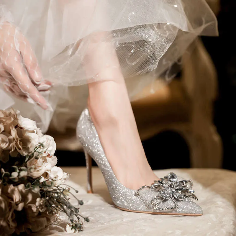Wholesale Champagne Crystal Pointed High Heels For Womens Bridal And Silver Pumps For Wedding Designer French Cinderella Style With Thin Heel Bridesmaid Footwear 141 At Only 38.24 DHgate.Com