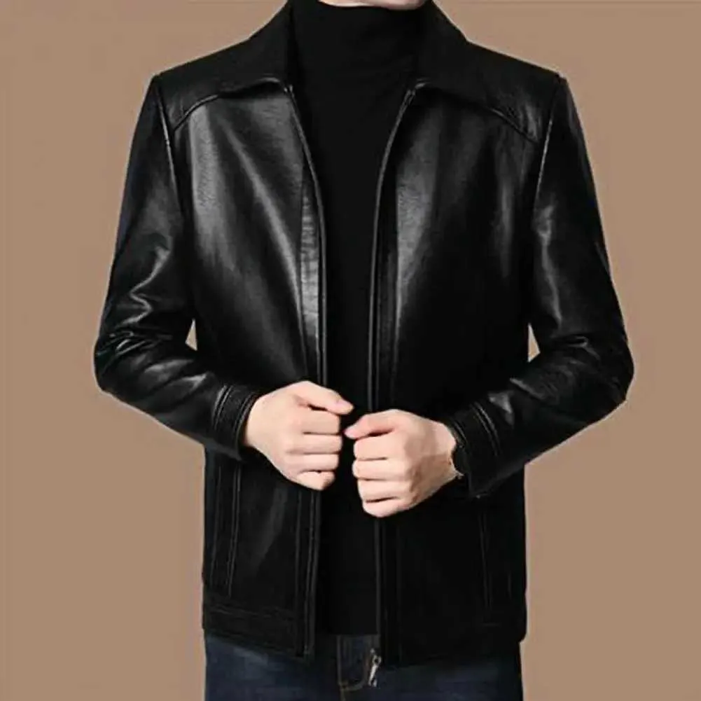 Simple Mens Leather Jacket: Ultra-Thin Lapel Motorcycle Jacket
