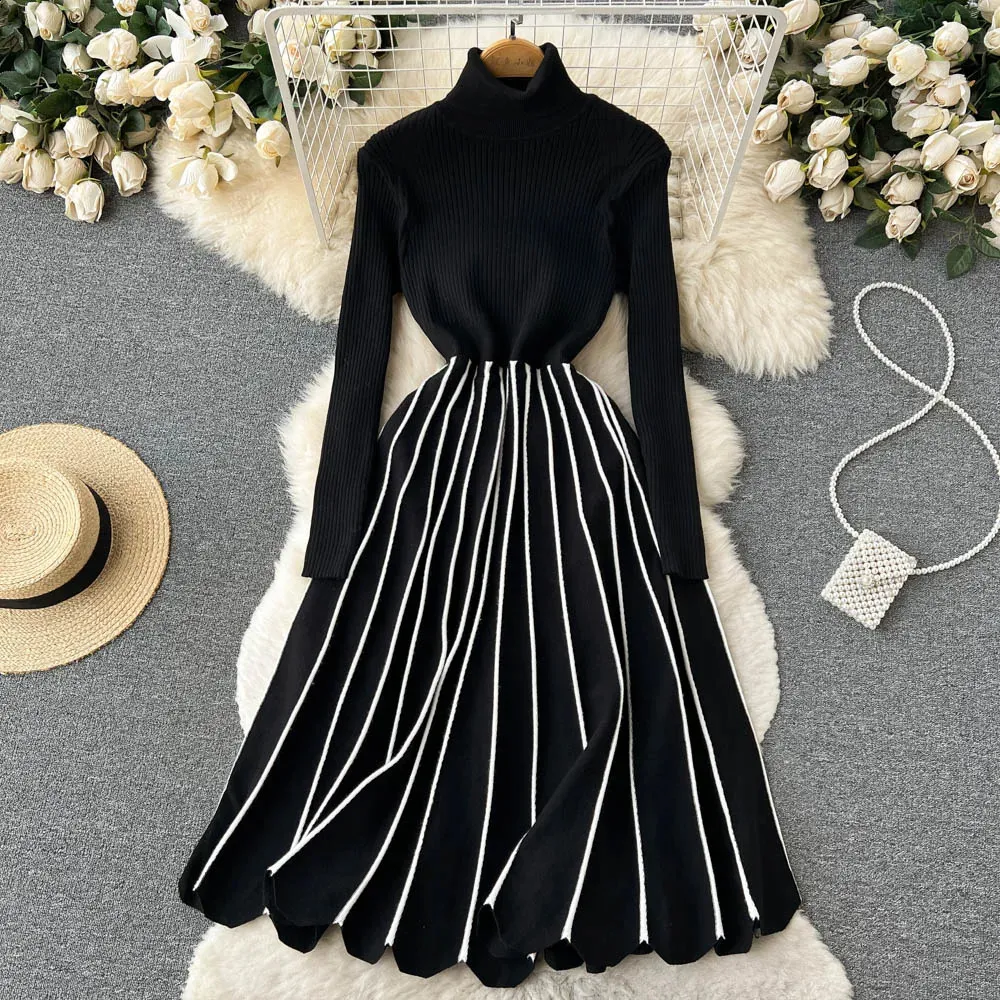Chic Singreiny Striped Pleated Knitted turtleneck sweater dress - Long Sleeved, Thick Elastic, Warm for Women's Winter Sweaters (240921)
