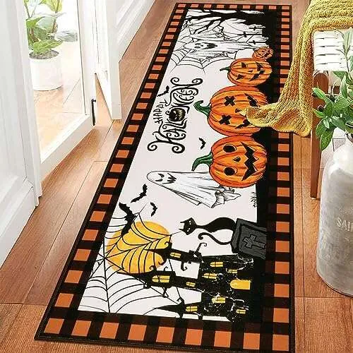 4x12ft Halloween Runner Rug – Gothic Pumpkin Bat Non-Slip Carpet For Hallway, Kitchen, Entryway & Laundry Room