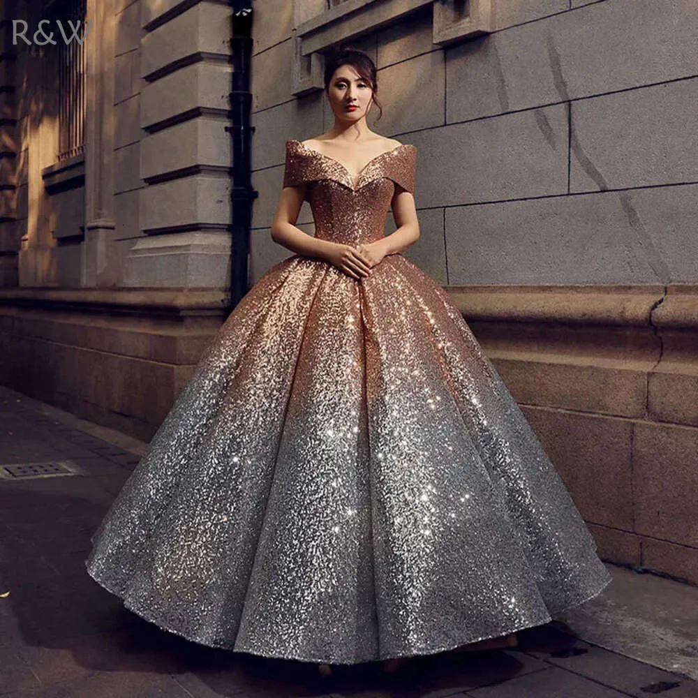 2021 R&W Glitter Sequined Wine Red Off-Shoulder Ball Gown for Evening Quinceanera, Prom, Birthday Party, and Formal Events in Gold