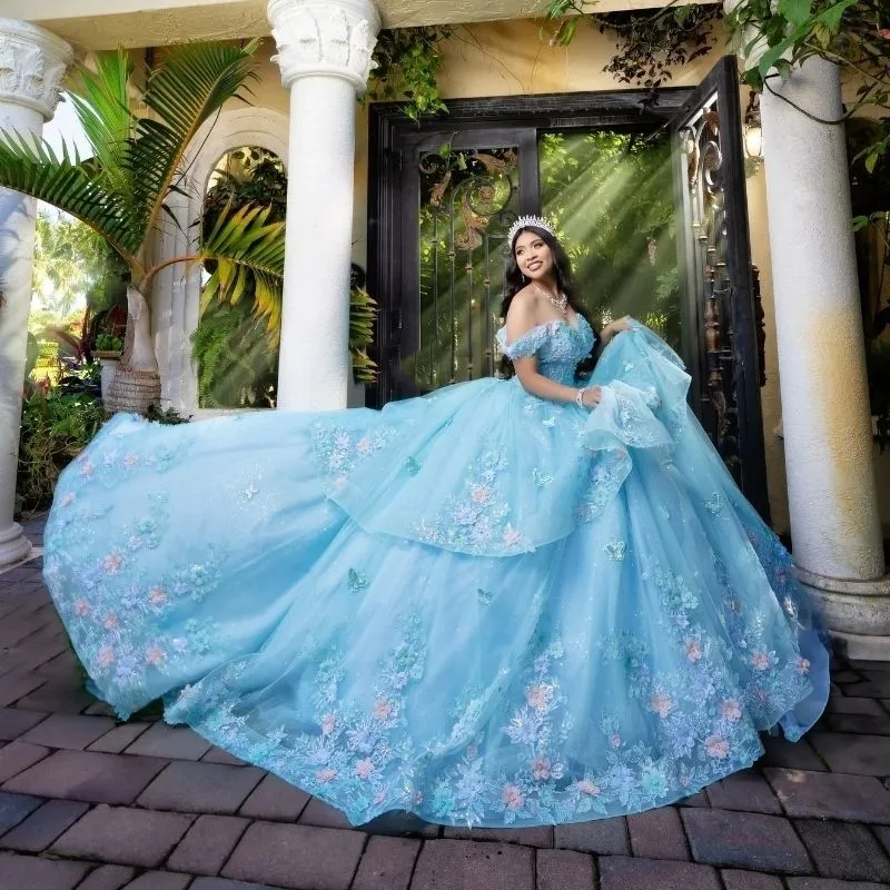 Mexican Dress Vestido Floral Formal Mexican Quinceanera Dress 3D Floral Applique Tulle Ball Gown Lace-up Back Sweep Train From Dhgate Quinceanera Dresses Price