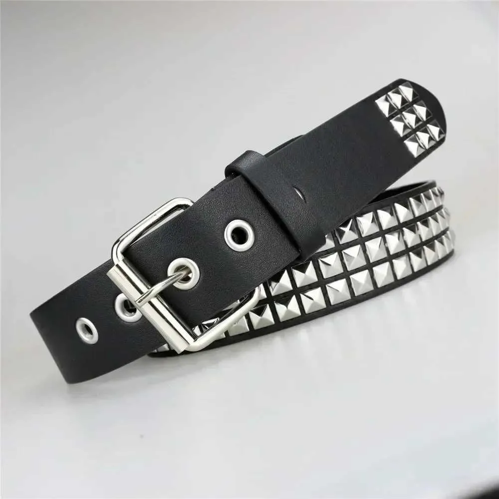 Black Leather Punk Belt with Pyramid Buckle, Rivets & Chain