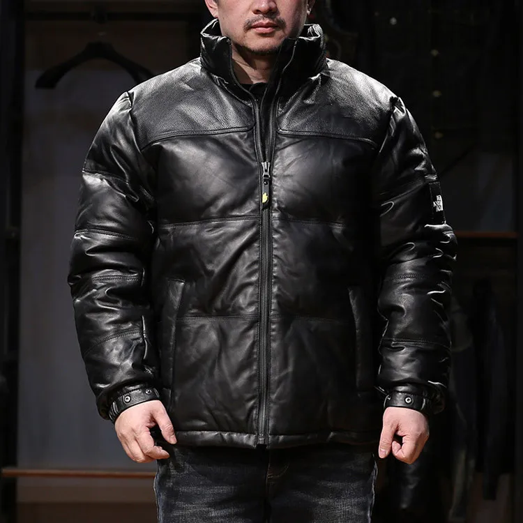 Puffer jacket with leather shoulders hot sale