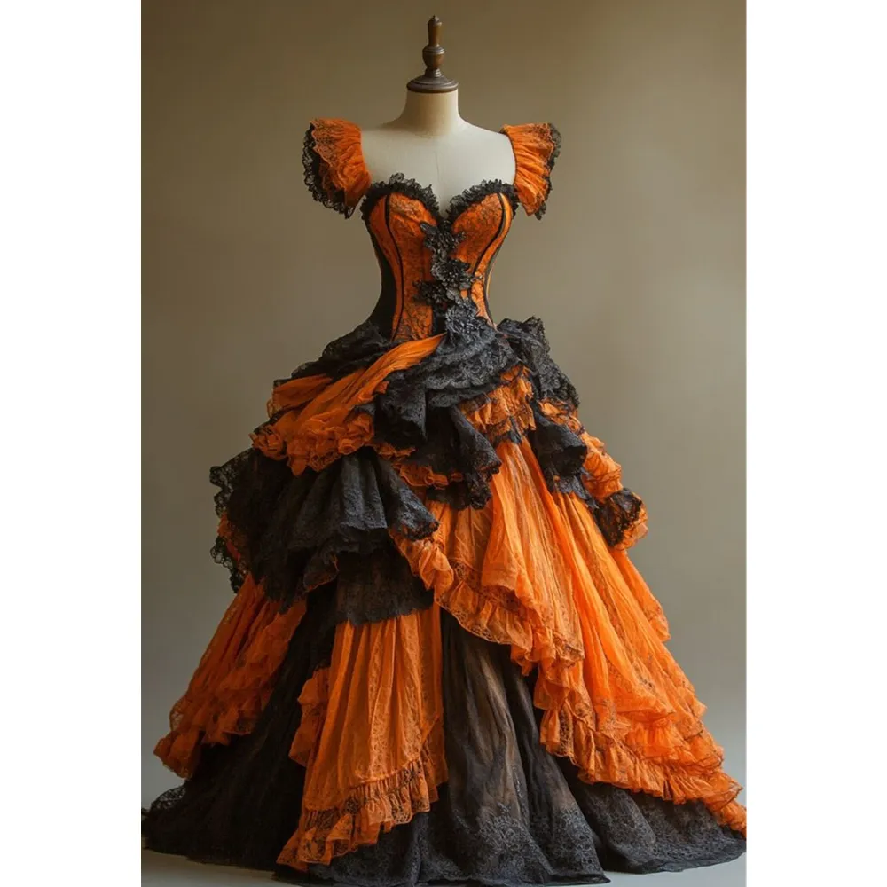 Black & Orange Victorian Lace Applique Prom Dress, Ruffle Sleeves, Floor  Length Ball Gown