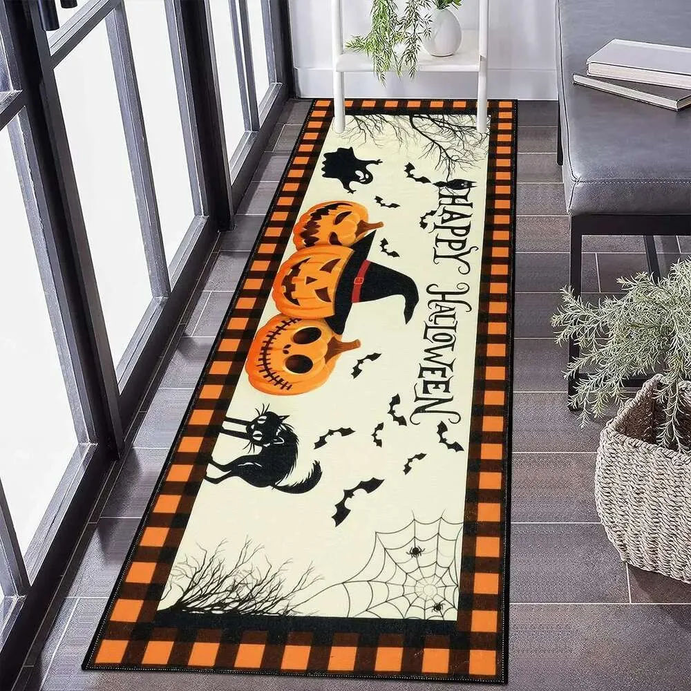 4x12ft Halloween Runner Rug – Gothic Pumpkin Bat Non-Slip Carpet For Hallway, Kitchen, Entryway & Laundry Room