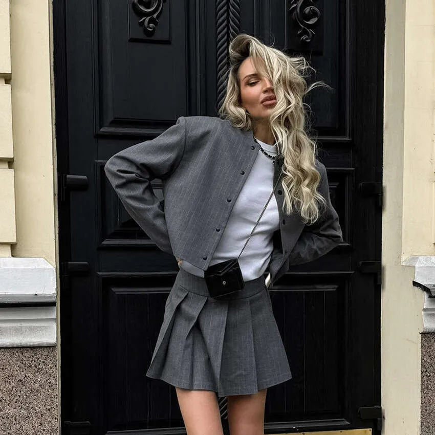 Save Big on Bulk Short Sleeve Skirt Sets Chic Piece Skirt Set: Striped  Stand Collar Long Sleeve Slim Fit High Waist Short Skirt Casual Set Best 