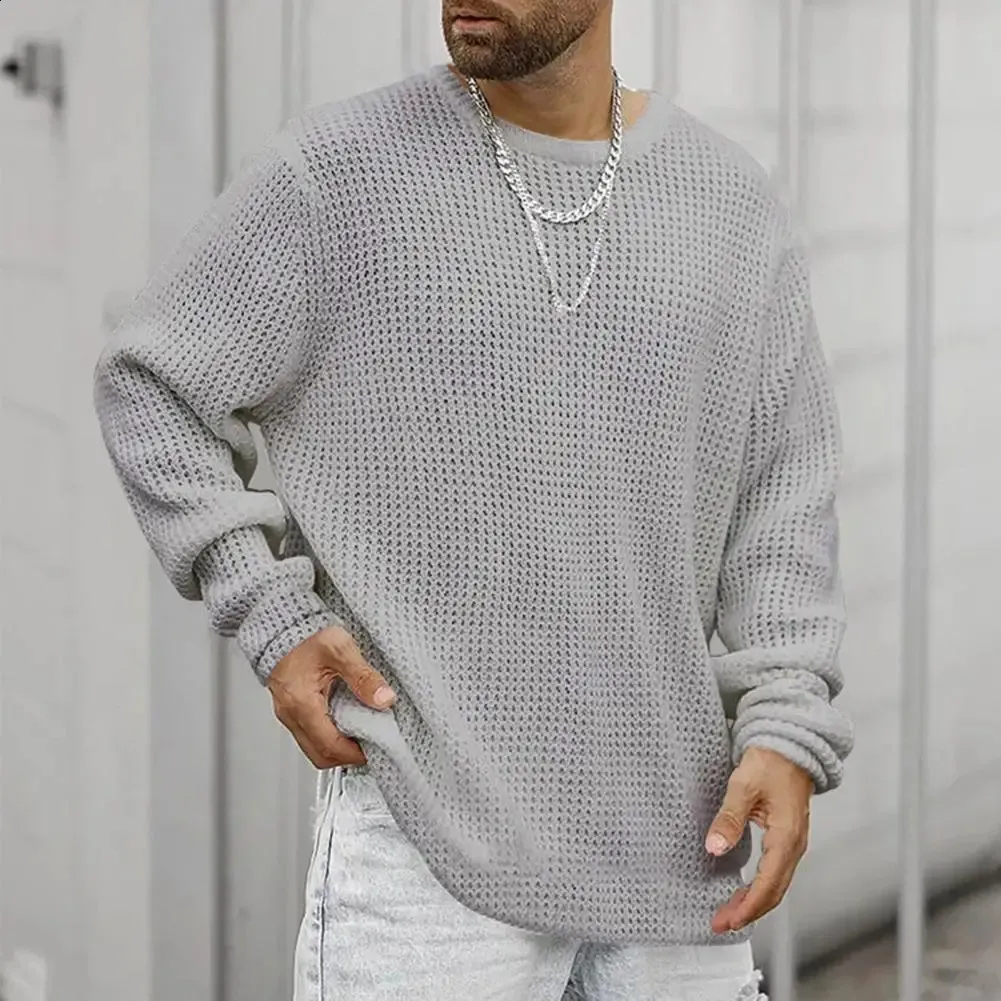 Mens Casual Sweater Loose Pullover Round Neck Knitted Waffle