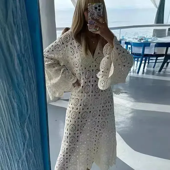 Casual Knit Hollow Out Patchwork Maxi Dress for Women O-Neck High Waist Drawstring Lantern Sleeve Dresses Summer Beach Lady Robe White / M