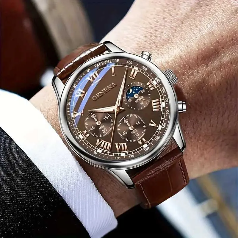 Geneva mens quartz watch with 20 mm leather band and 8 mm  display picture 1