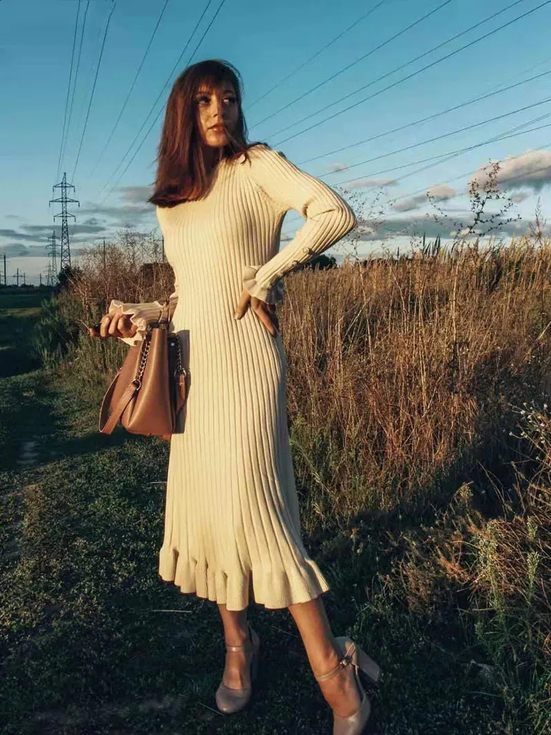chinese dress ladies Burgundy Chunky Knit Long Sleeve Sweater Dress