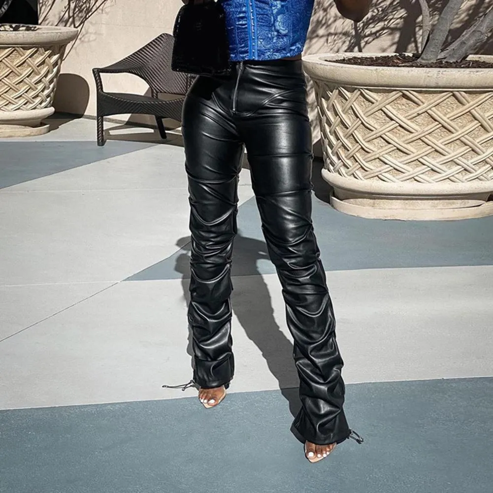 Womens High Waisted Black Synthetic Leather Stacked Pants