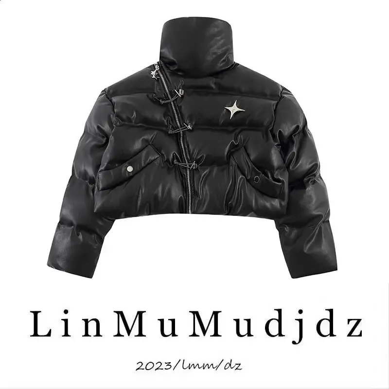 Womens Gothic Y2K Cropped Faux Leather Puffer Jacket - Zip Up