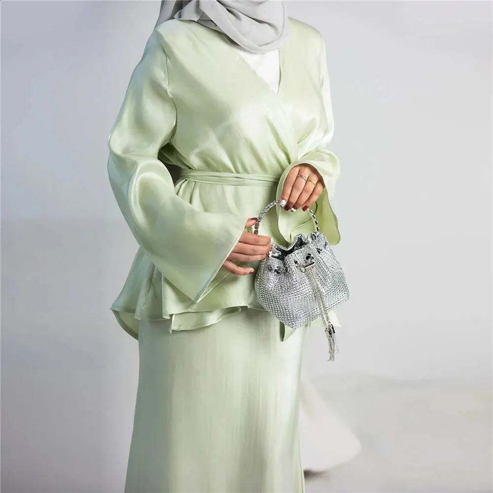 Stylish 2-Piece Abaya Set for Muslim Women - Kimono Long Sleeve Open Top and Skirt - Perfect for Dubai, Turkey, and Arab Fashion - Solid Color Muslim