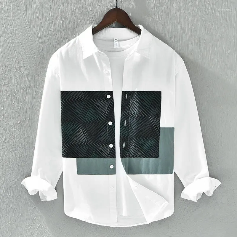 Mens Casual Cotton Casual Shirts With Patchwork Print Loose