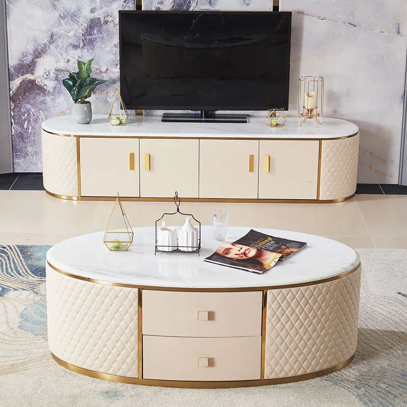 Contemporary White Leather Oval Coffee Table And TV Stand European