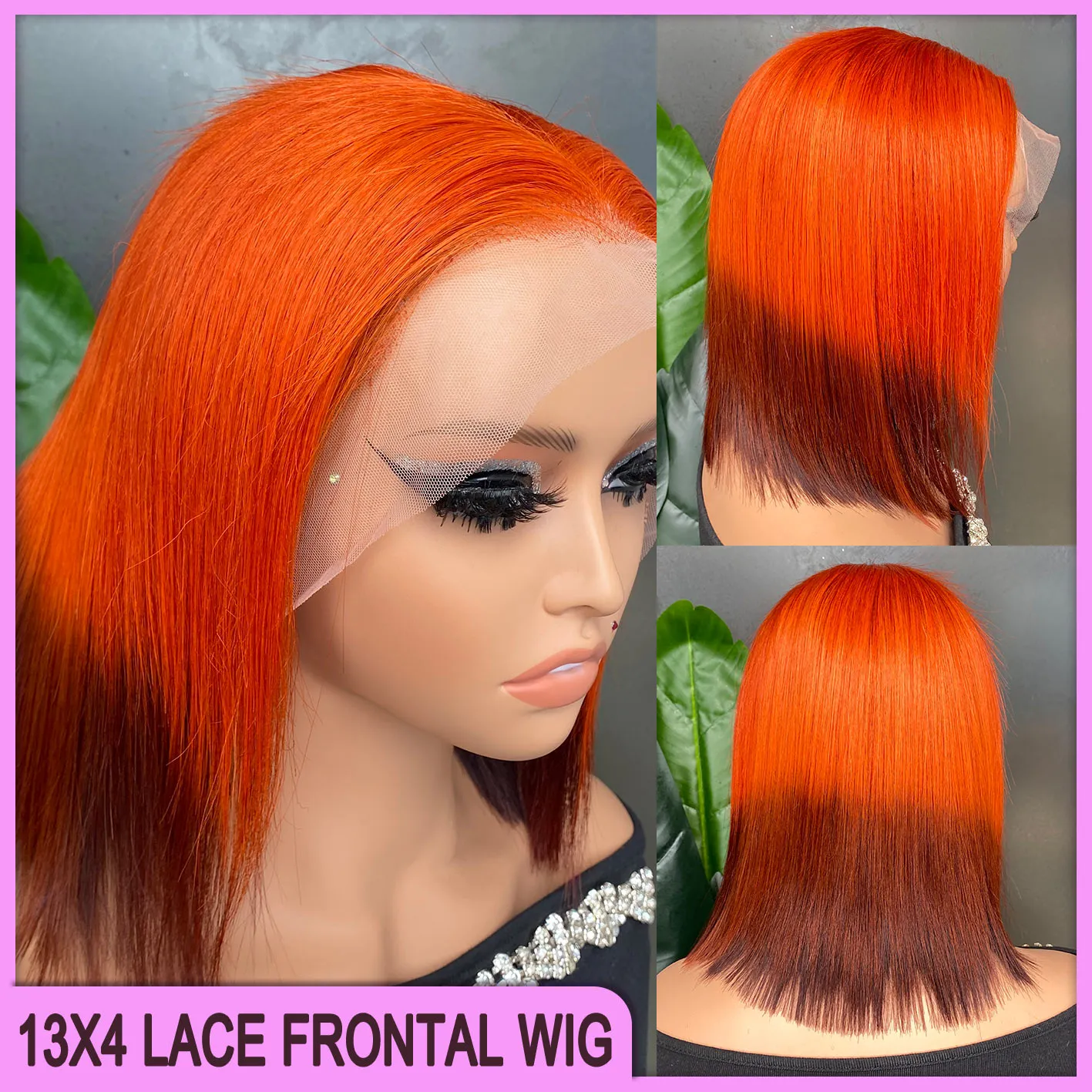 Orange Red Silky Straight 13x4 Transparent Lace Frontal Bob 