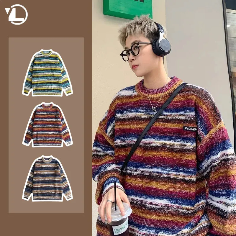 Getadme Winter New Sweet Heart Pattern Sweater Retro Harajuku Style Long Sleeve Pullover Loose Knitted Casual Sweater Korean Clothing