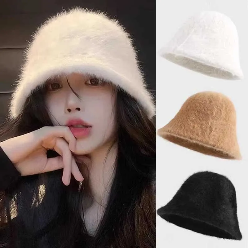 Womens Winter Wide Brim Rabbit Fur Bucket Hat Soft Knitted Warm