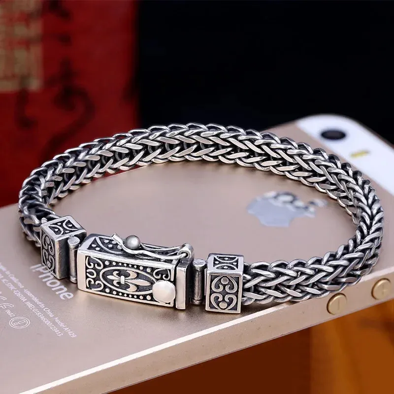 925 Silver Retro Dragon Bone Chain Weaving Bracelet with Double