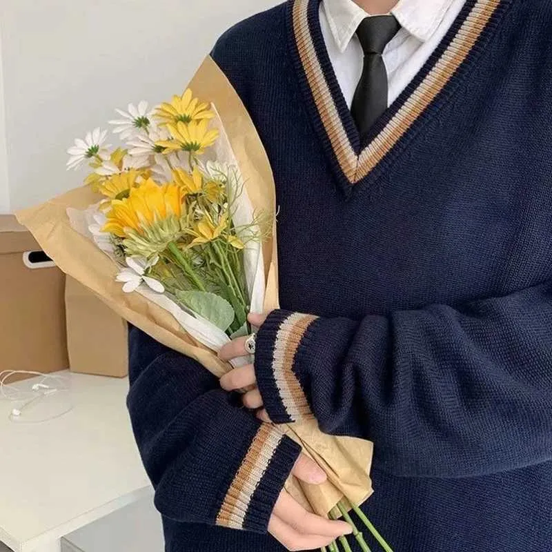 CL240924 Mens V Neck Pullover Sweater Oversized Splicing Long