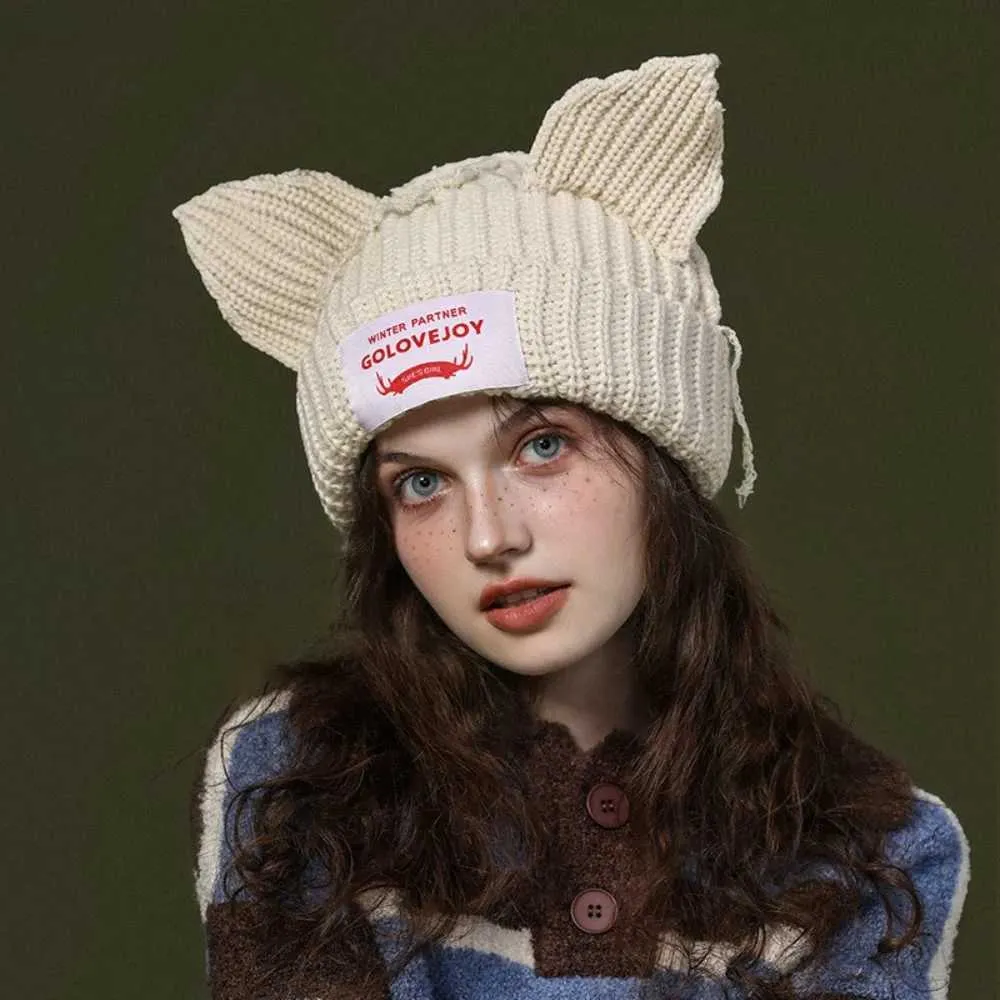 Double-layer silk cat ear beanie hat with plush pig ears and