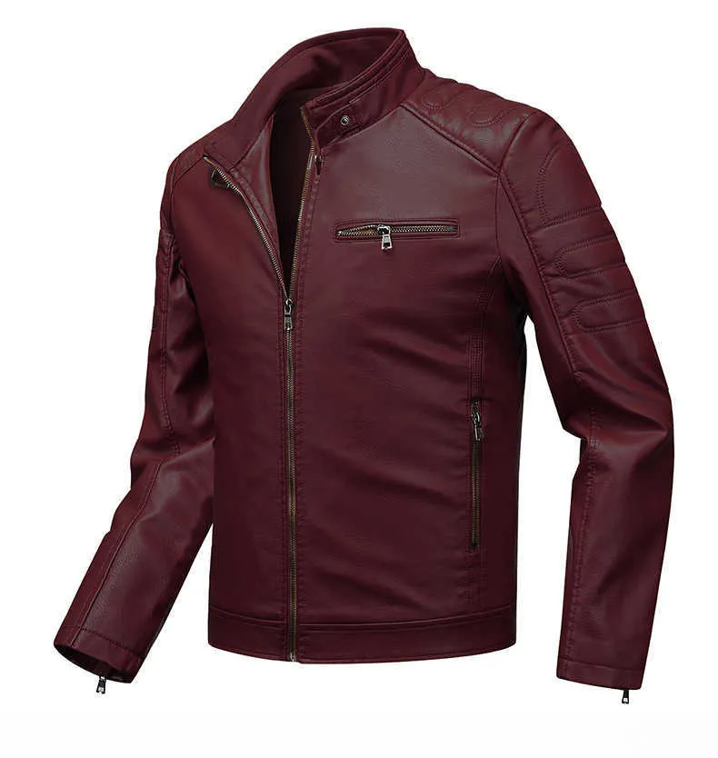 Mens Slim Fit Leather Jacket with Stand Up Collar - Spring