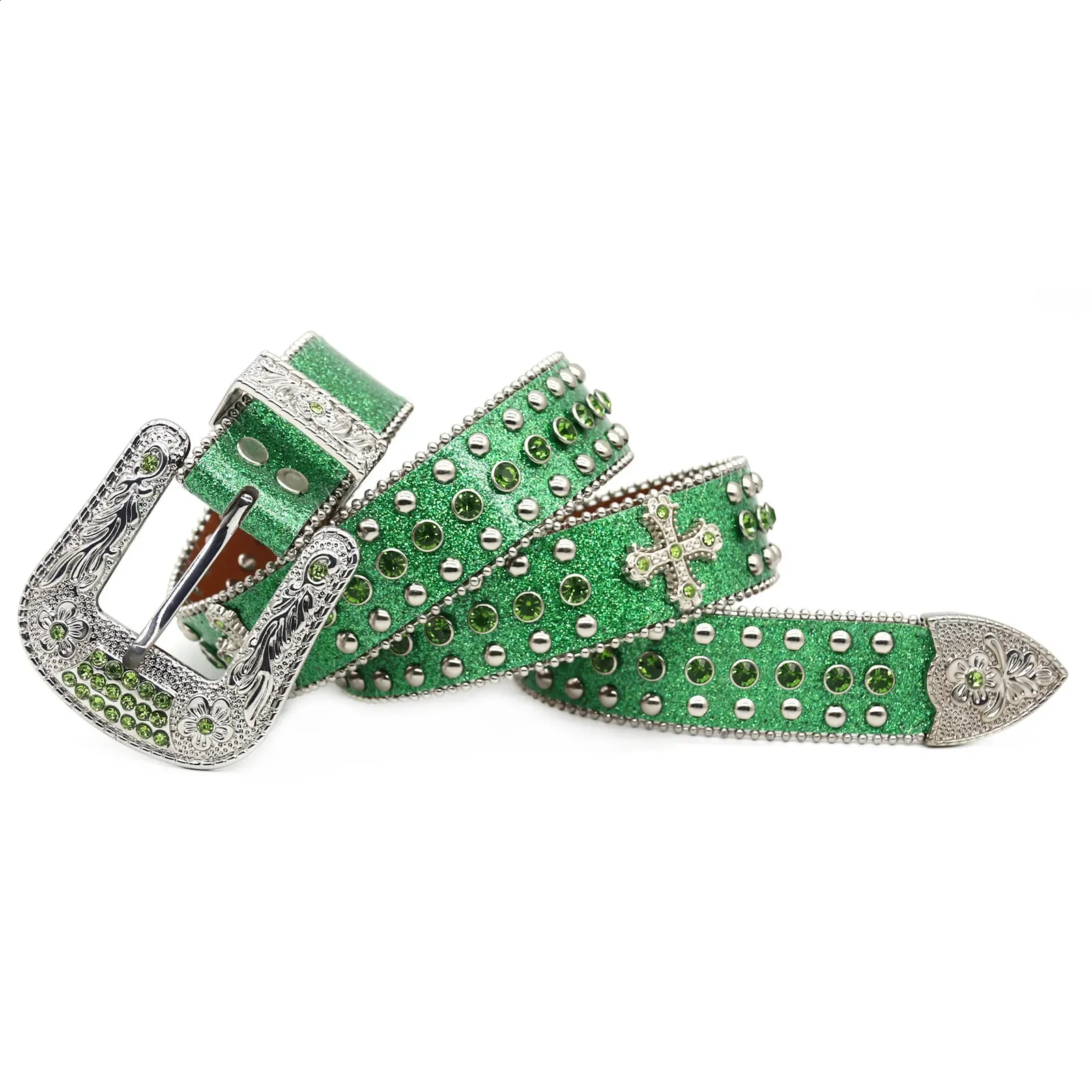 Green Rhinestone Cross Rivet Belt for Women - Punk Buckle PU 