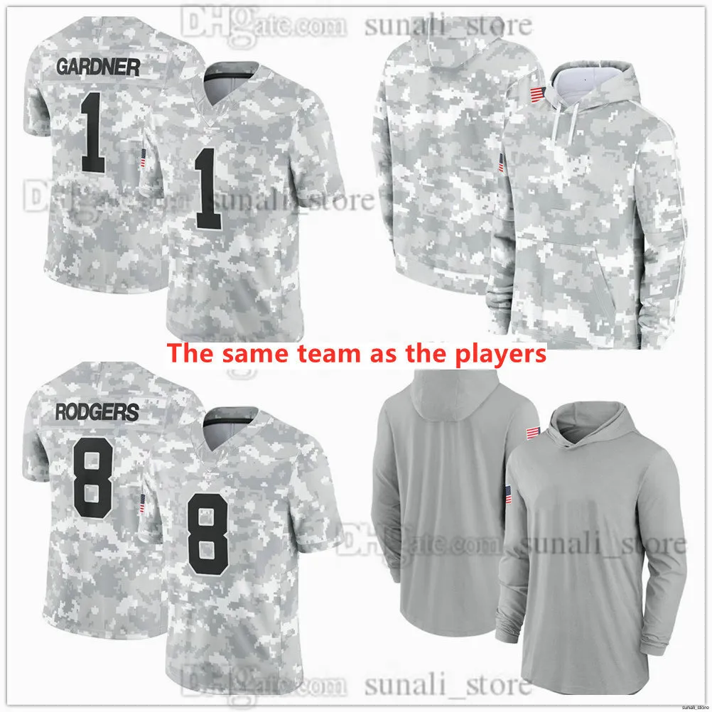 Arctic Camo 2024 Salute to Service Football Jersey 8 Aaron Rodgers 20 Breece Hall 5 Garrett W I L S O N 1 Ahmad Sauce G A R D N E R 95 Quinnen