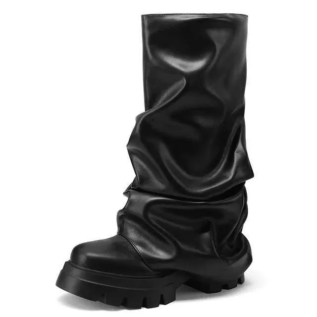 Bottes Hautes Pour Femme - Veau Large - Bottes En Cuir à Talon Bas - Mi-mollet - Bout Rond - Vintage - Bottines Western D'automne Et D'hiver, Noir/blanc