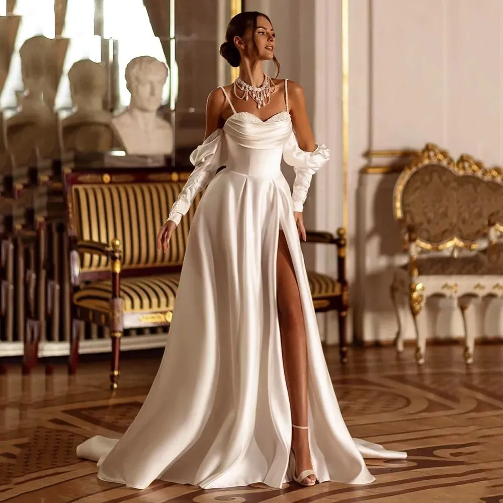 Elegant A-Line Wedding Dress: Straps, Backless Satin, Illusion Sleeves  Shop Now!