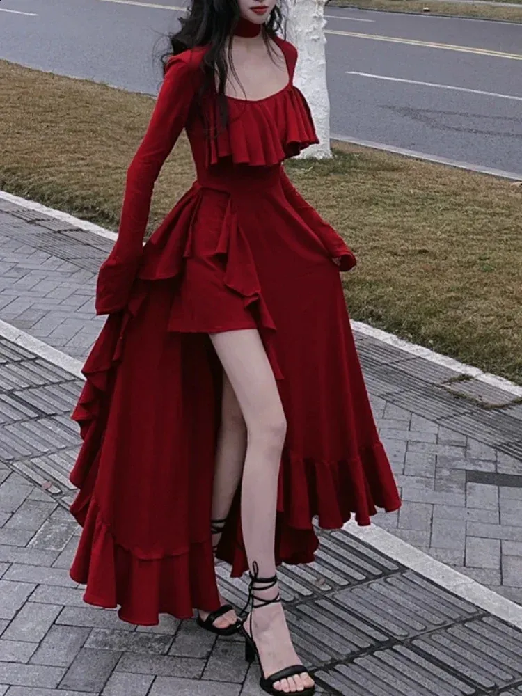 Vintage Red Flare Sleeve valentine's day dress with Ruffles - Elegant Autumn/Winter Princess Style