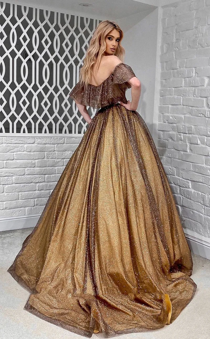 brown pinstripe dress Chic Off Shoulder Gold Prom Dress Long Sleeve Sparkly Prom Dress Brida –  SELINADRESS