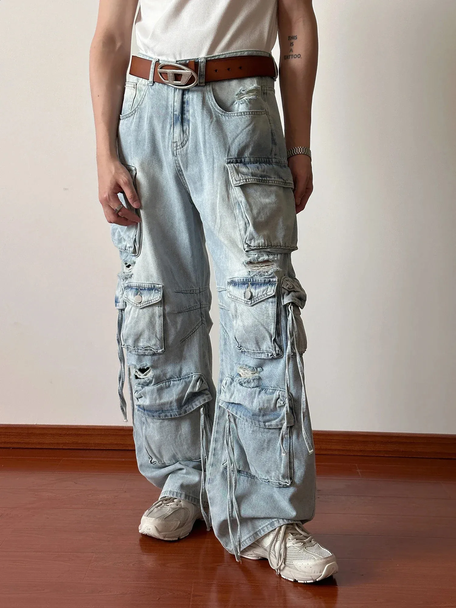 Retro Street Trend Cargo Jeans For Men With Multi Pocket Retro Street Trend Cargo Jeans For Men With Multi Pocket