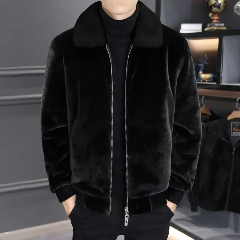 Mens Faux Mink Coat Warm Winter Jacket With Flip Collar Casual