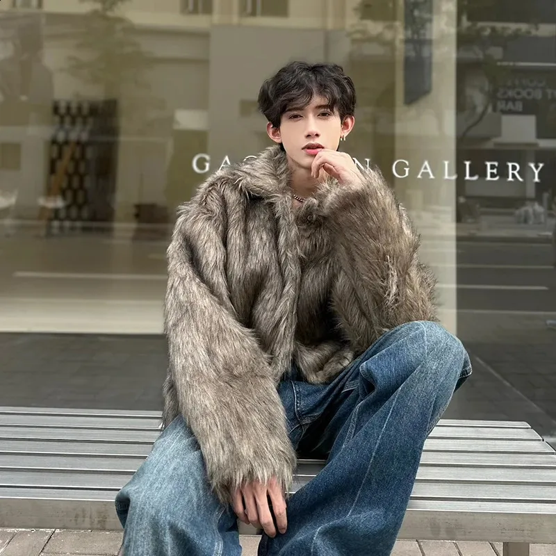 Mens Winter Faux Fur Coat with Wool Blend - Stylish Short
