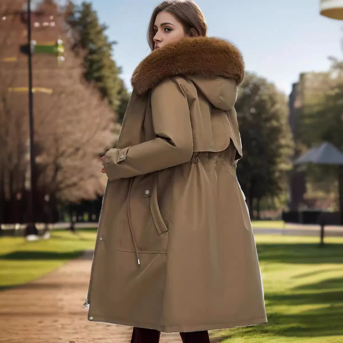 Puffer Jacket Versatile Winter Wear for Women Knee Length Multi Layer Active Lining Plush Fur Collar and Stylish