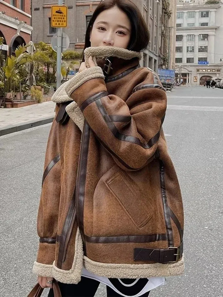 Women's Winter Sheepskin Suede leather jacket - Warm Women's Winter Sheepskin Suede leather jacket - Warm