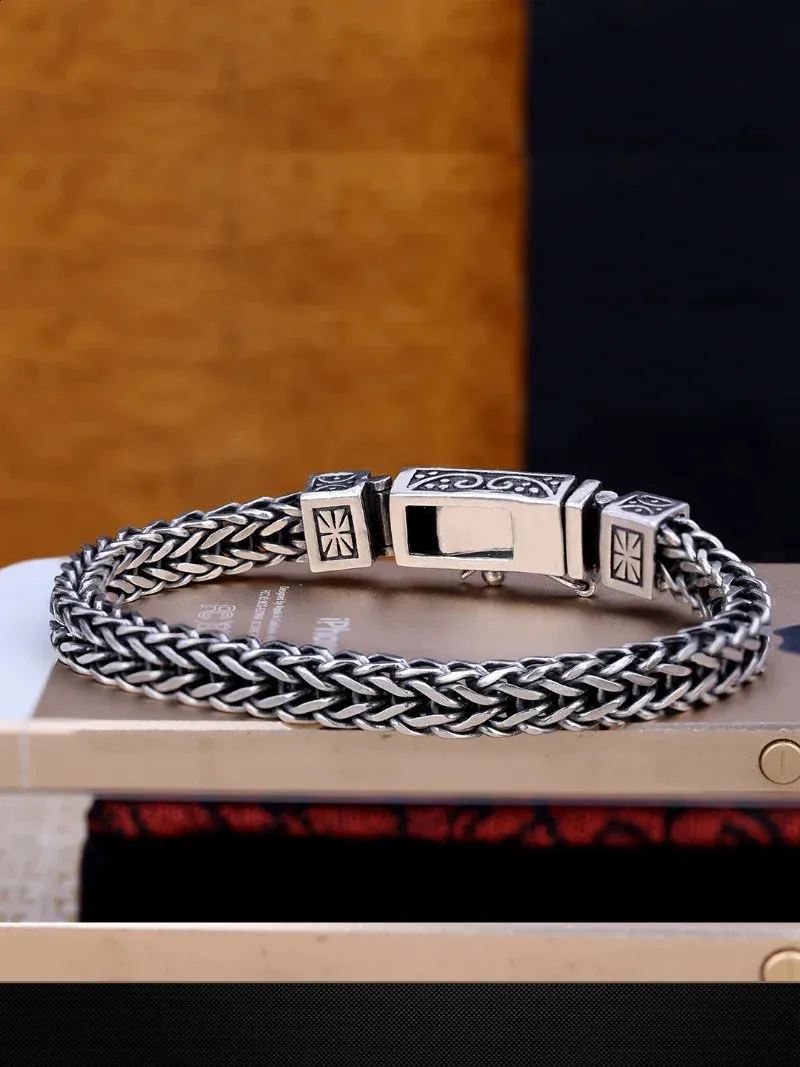 925 Silver Retro Dragon Bone Chain Weaving Bracelet with Double