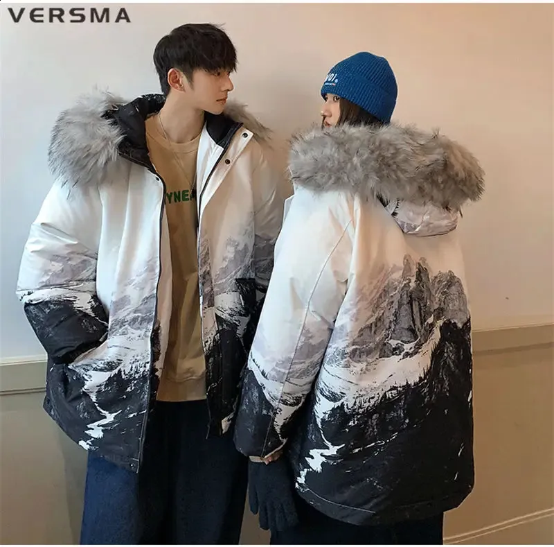 ジャケット・アウター Big Hoody Coat Men Fur Hoodie: Retro Snow Mountain Print Winter Parka