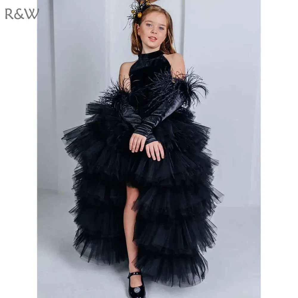 Childrens black feather lace dress with asymmetrical hemline for Easter and  christening