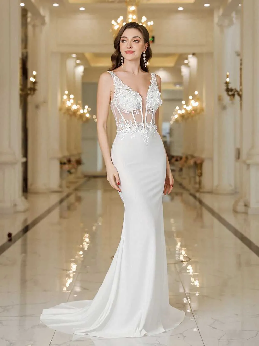 White Mermaid V-neck Floor-Length Chiffon Evening Dress with Short Sleeves  for Formal Party from Dhgate Runway Dresses - price 44.08