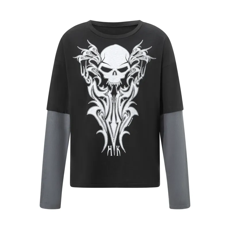 Black Gothic Grunge Patchwork Long Sleeve Two-Piece T-Shirt