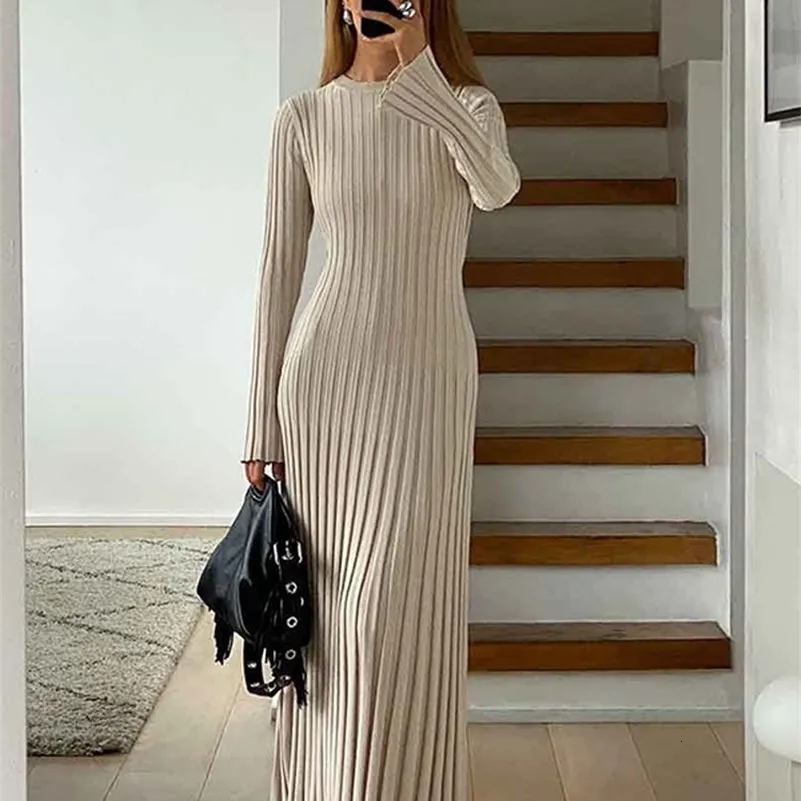 strapless open back dress Elegant Solid Ribbed Knitted Maxi Dress Women O-neck Short Sleeve Plea   Mega Mart Center