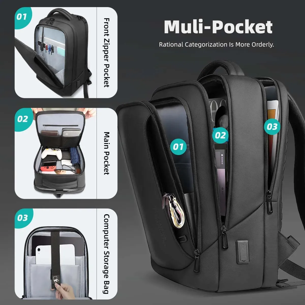 Hk Laptop Backpack For Men With USB Port - 17.3" Business, Travel & College Backpack, Waterproof, 27L Capacity - View #4